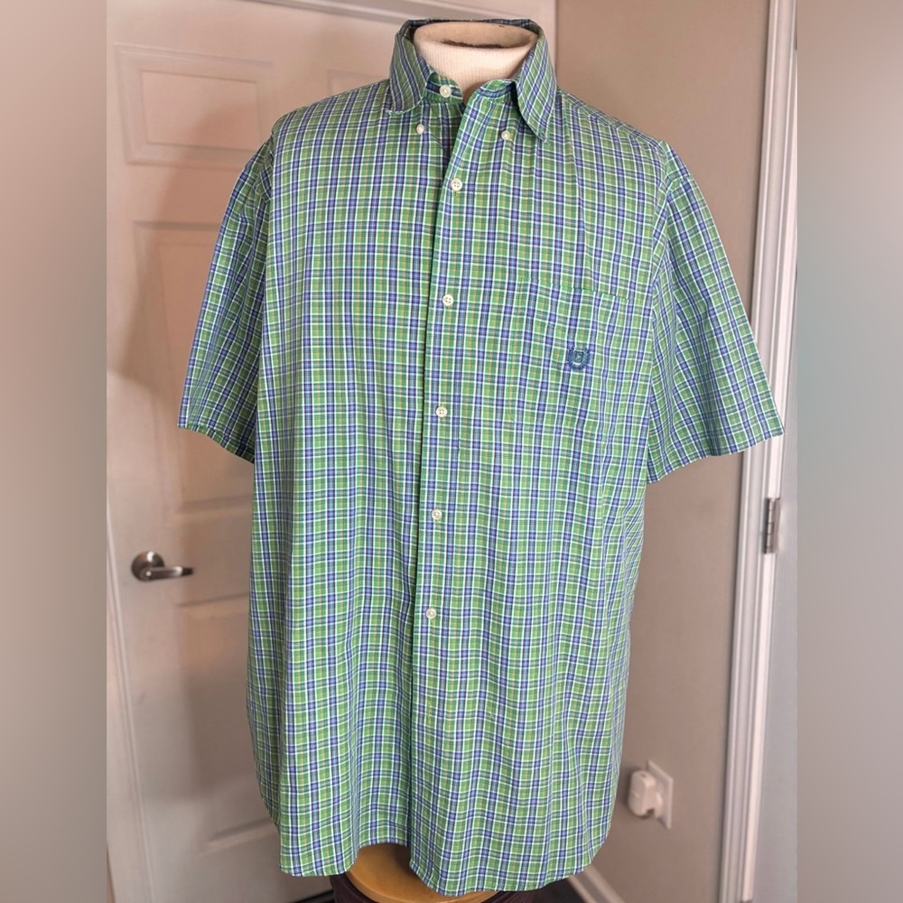 CHAPS Men’s Short Sleeve Green/Blue/Orange Plaid Button Casual Shirt 2XT/2TGL